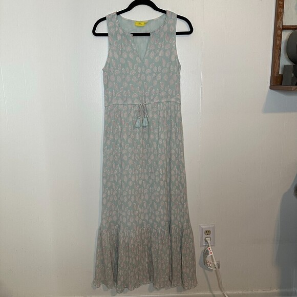 Roller Rabbit Seafoam Sleeveless Tie Waist Seashell Floral Maxi Dress XS - Picture 1 of 6